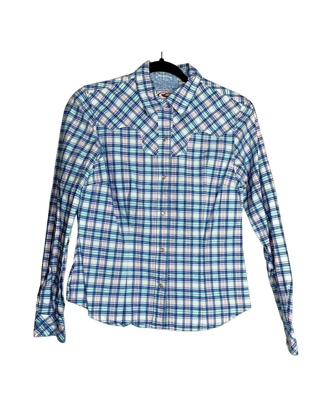 Roper Long Sleeve Snap Button Blue, Pink & White Plaid Western Cowgirl Shirt-S